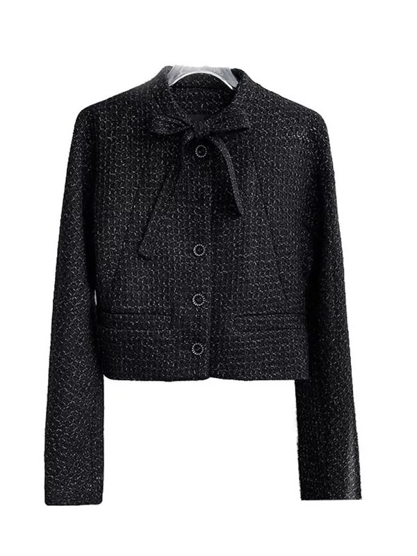 Classic Black Tweed Bow-Accent Jacket